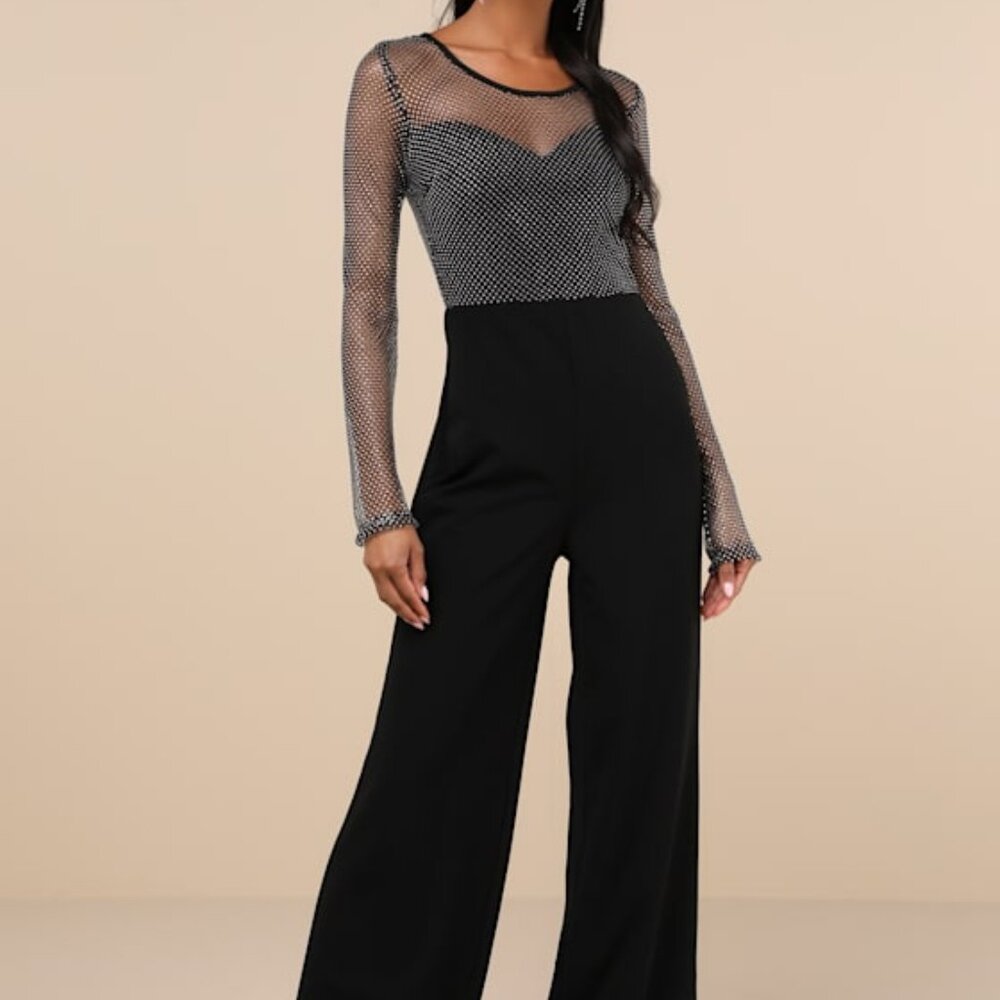 Lulus Beyond Glamorous Black Fishnet Rhinestone Jumpsuit - Size X-Large